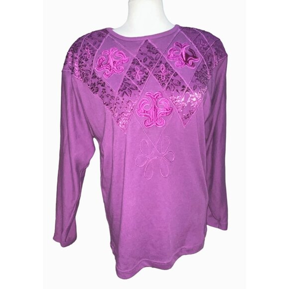Vintage Cervelle Embroidered Patch Front Crew Neck Blouse Sz Small Womens Purple - Picture 1 of 10